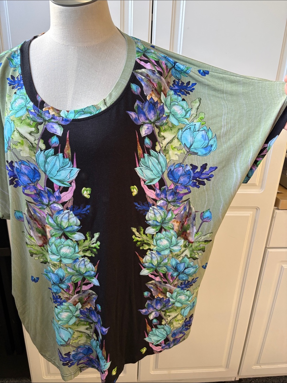 Desigual Sage Green and Black Floral Scoop Neck Tunic